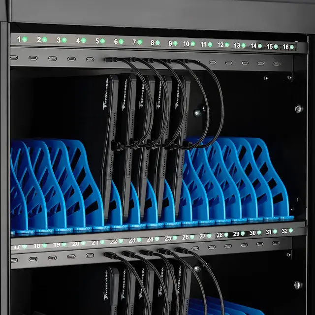 Interior with blue cradles and cable routing